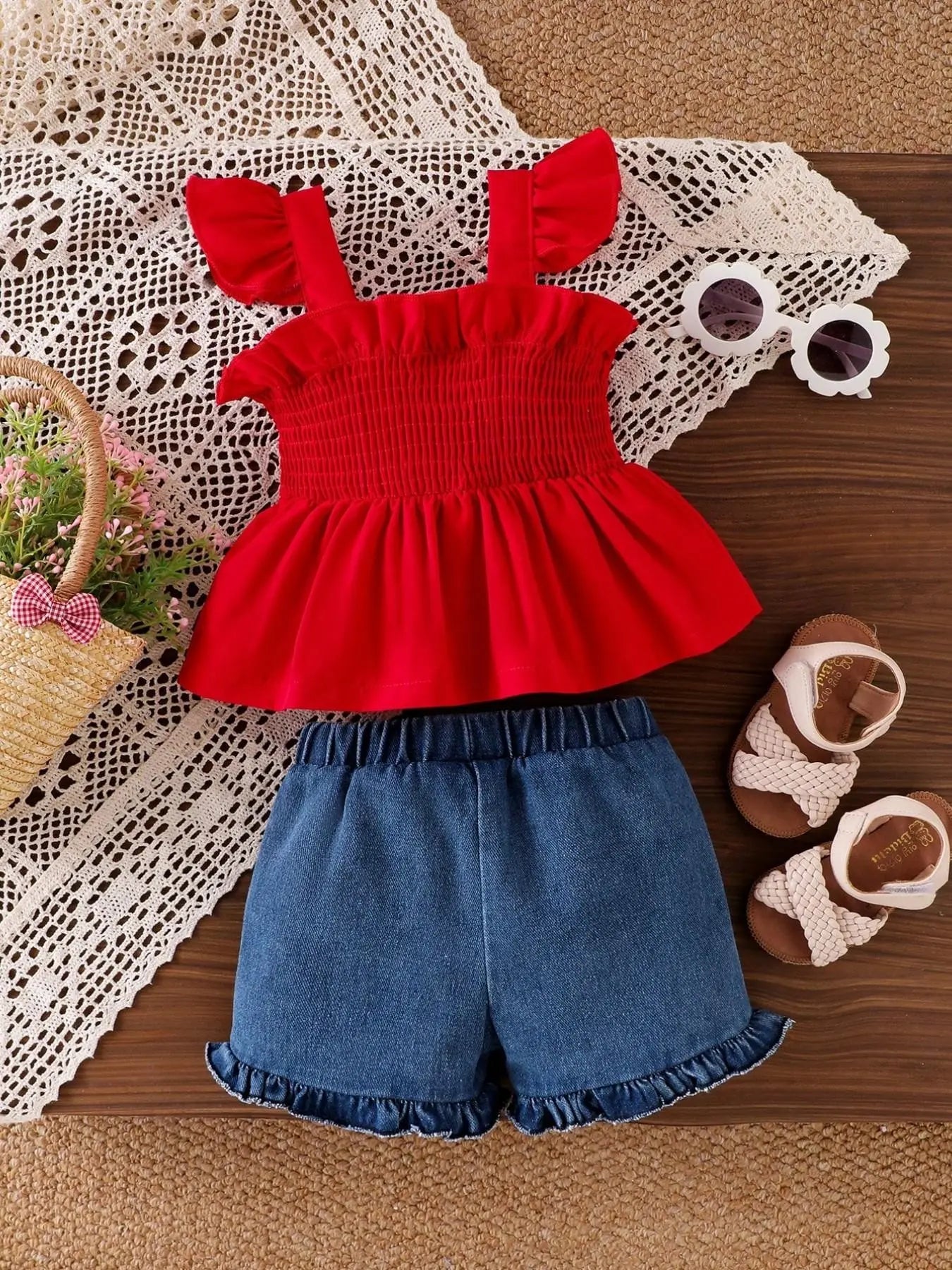 Baby Girl Sweet & Spicy Style 2-Piece Set Outfit, Backless Ruched Double Bow Sleeveless Top + Cherry Embroidery Denim Shorts, Infant Fashion, Baby Clothing