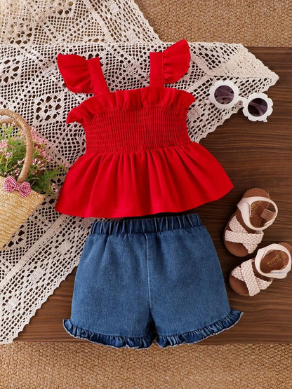 Baby Girl Sweet & Spicy Style 2-Piece Set Outfit, Backless Ruched Double Bow Sleeveless Top + Cherry Embroidery Denim Shorts, Infant Fashion, Baby Clothing