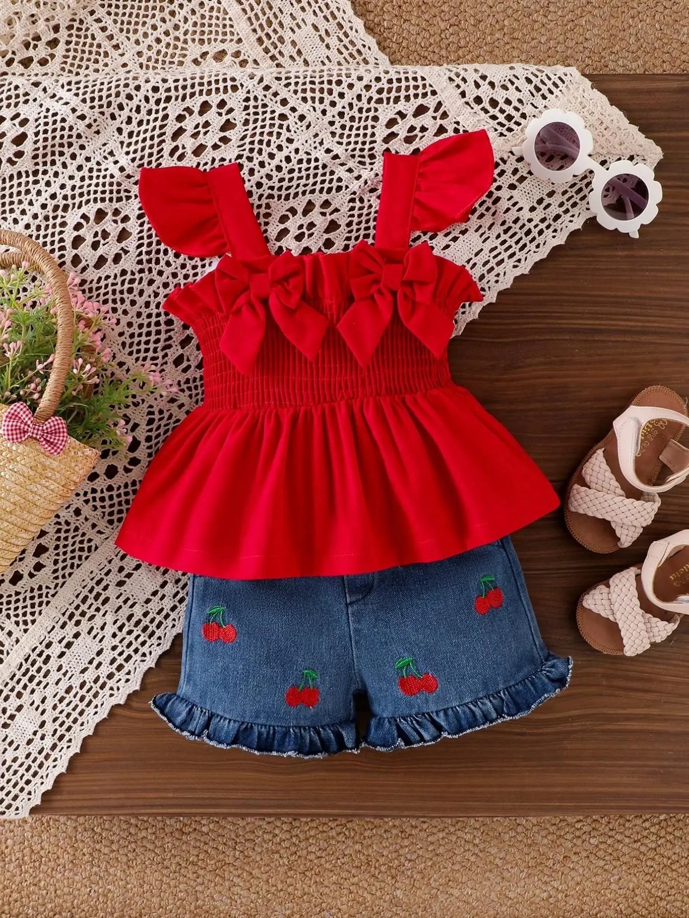 Baby Girl Sweet & Spicy Style 2-Piece Set Outfit, Backless Ruched Double Bow Sleeveless Top + Cherry Embroidery Denim Shorts, Infant Fashion, Baby Clothing
