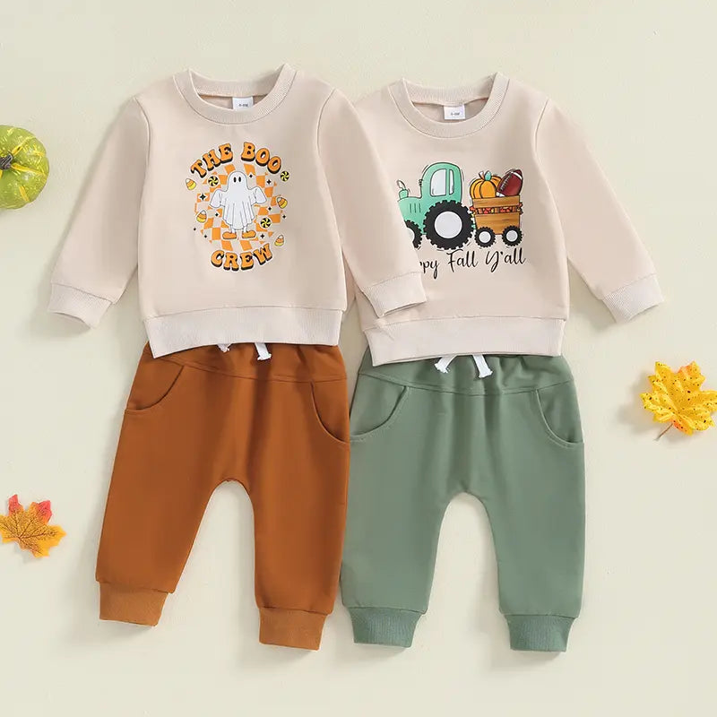 Baby 2Pcs Halloween Outfits Truck/Ghost Print Long Sleeve Sweatshirt + Pants Set Toddler Clothes